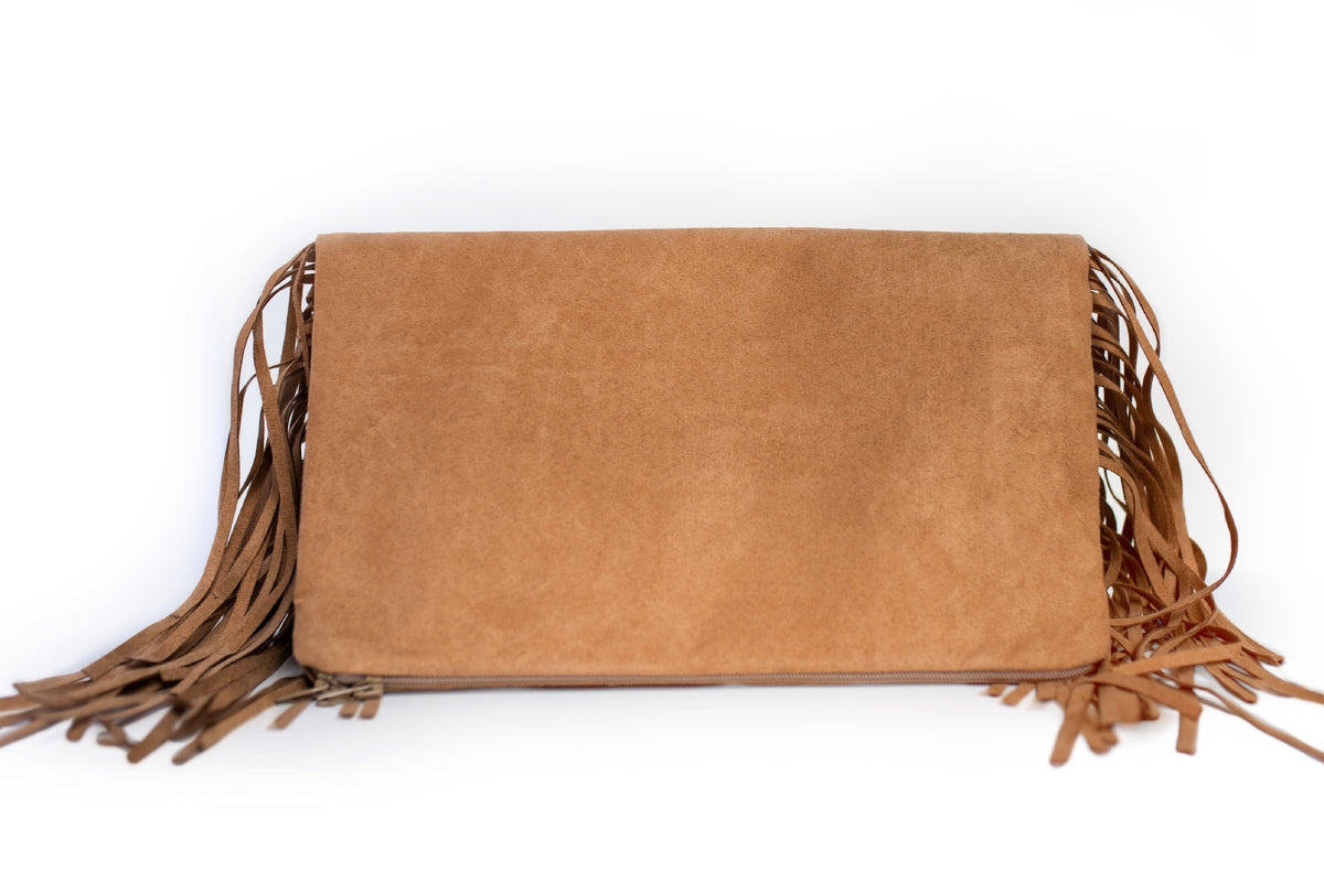 Leather Fold-Over Fringe Clutch Bag Tan