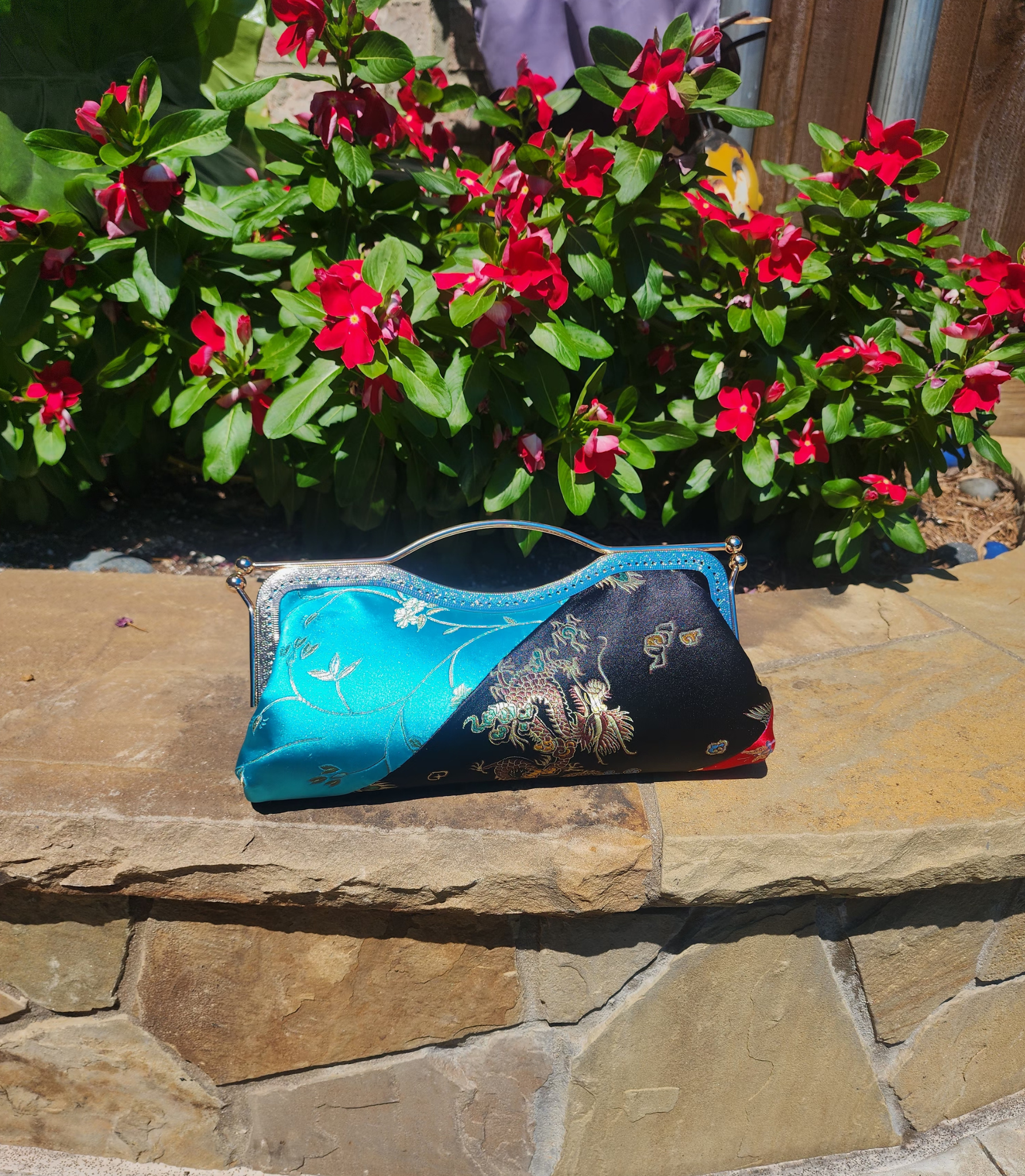 Nola & Eve Tranquil Fusion handmade brocade evening clutch with ball-snap frame closure