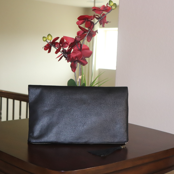 Black Textured Suede Clutch