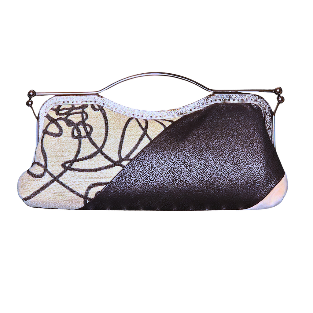 Nola & Eve Art Deco Chic clutch in black faux leather with abstract art-inspired brocade panel, handmade statement bag