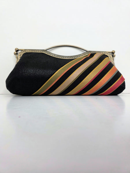 Black Textured Faux Leather Clutch with Bold Diagonal Stripe Accent