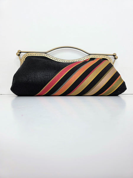 Black Textured Faux Leather Clutch with Bold Diagonal Stripe Accent