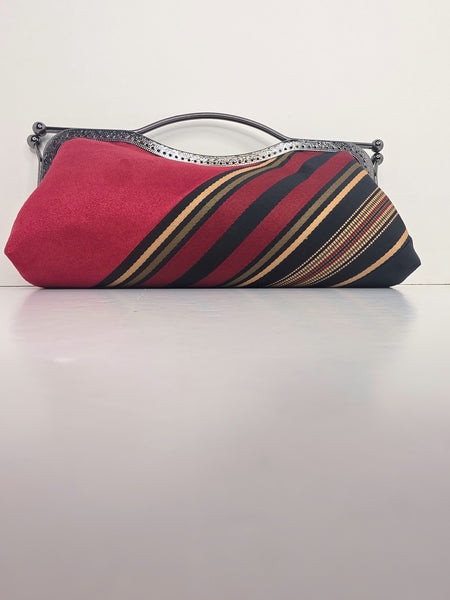 Statement Red Faux Suede Kiss-Lock Handbag with Classic Stripes