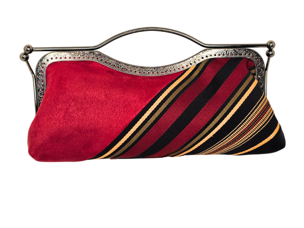 Statement Red Faux Suede Kiss-Lock Handbag with Classic Stripes
