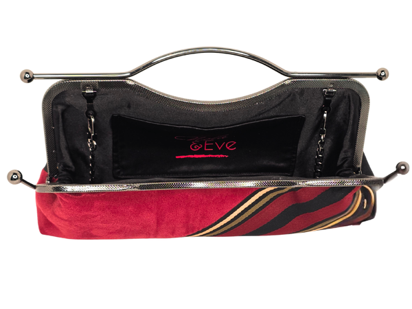 Statement Red Faux Suede Kiss-Lock Handbag with Classic Stripes
