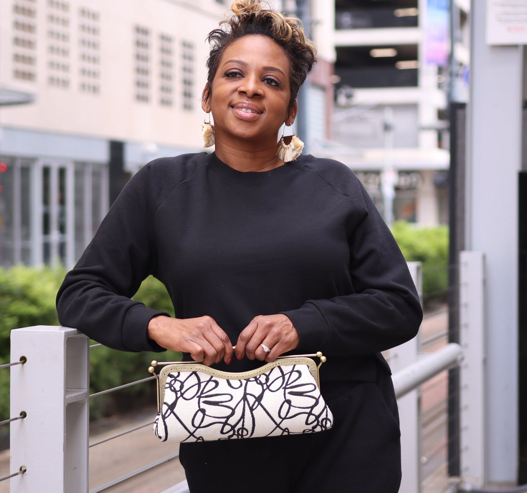 Stormy Elegance black and white modern-art brocade clutch by Nola & Eve with crossbody chain