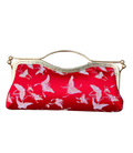 Nola & Eve Crimson Serenity clutch in vibrant red brocade with delicate butterfly embroidery, handmade limited-edition statement bag