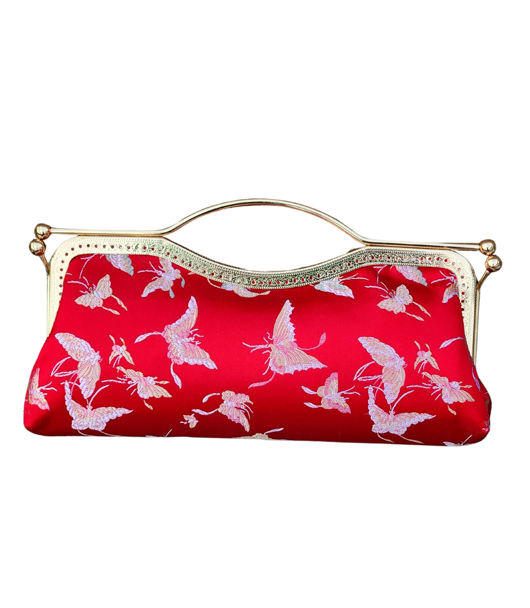 Nola & Eve Crimson Serenity clutch in vibrant red brocade with delicate butterfly embroidery, handmade limited-edition statement bag