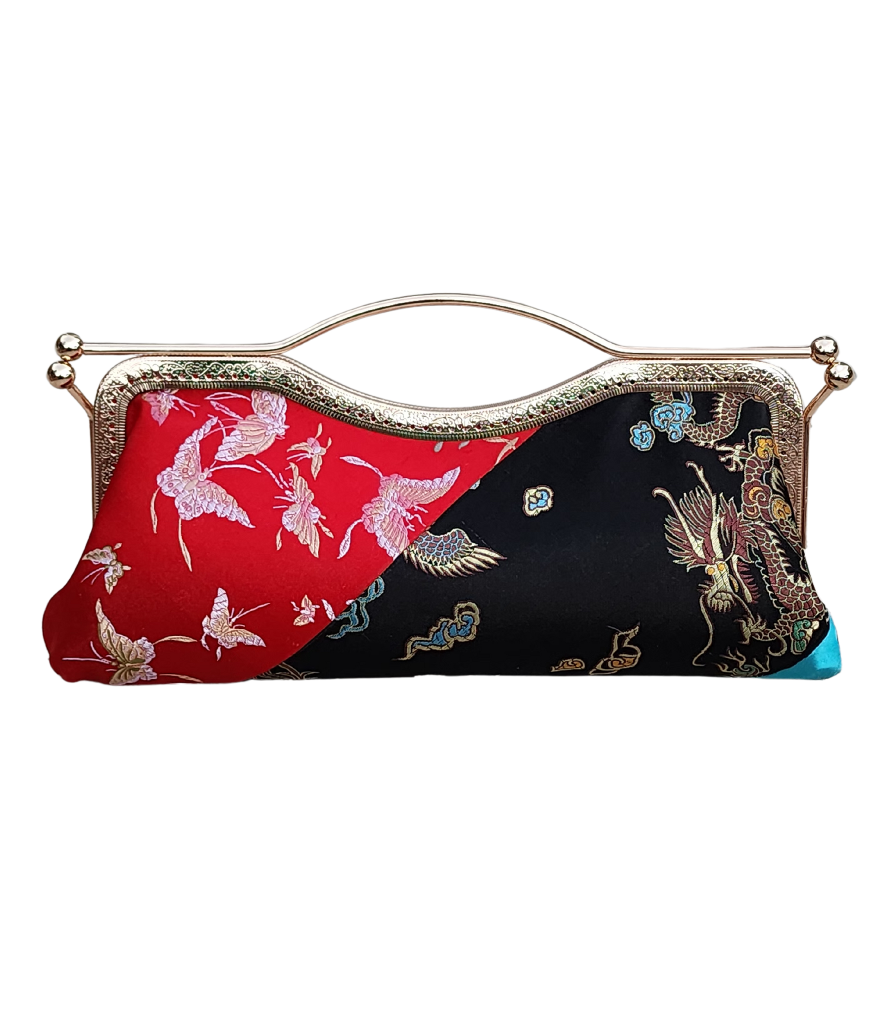 Tranquil Fusion bold brocade clutch by Nola & Eve in red, black, and turquoise with crossbody chain
