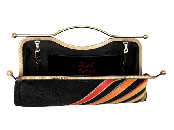 Black Textured Faux Leather Clutch with Bold Diagonal Stripe Accent