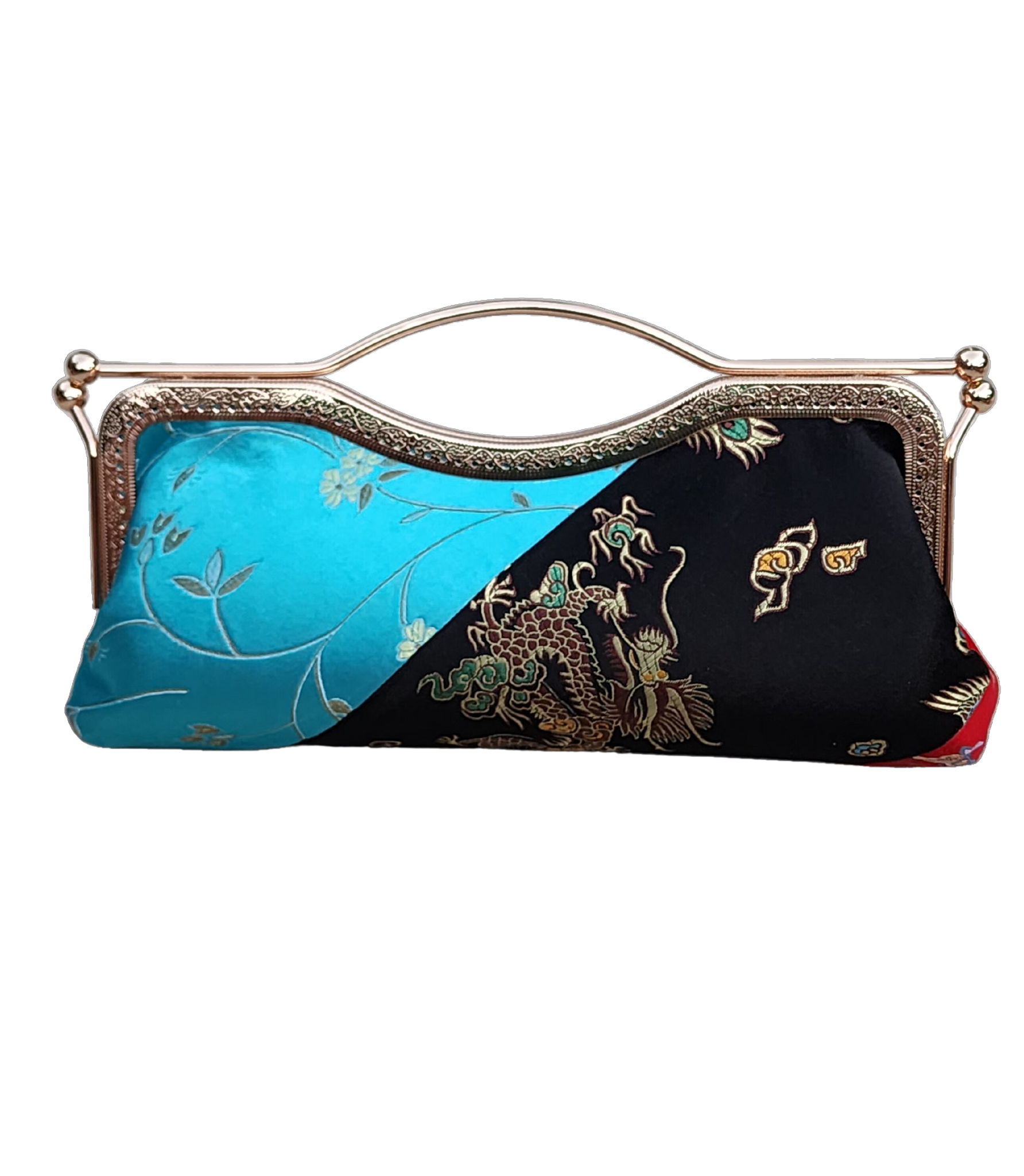 Nola & Eve Tranquil Fusion clutch in red, black, and turquoise brocade, handmade limited-edition statement bag