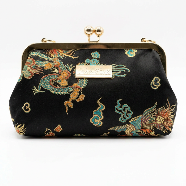 Nola & Eve Phoenix Dynasty Classic limited-edition brocade clutch with phoenix-and-dragon detailing and satin lining