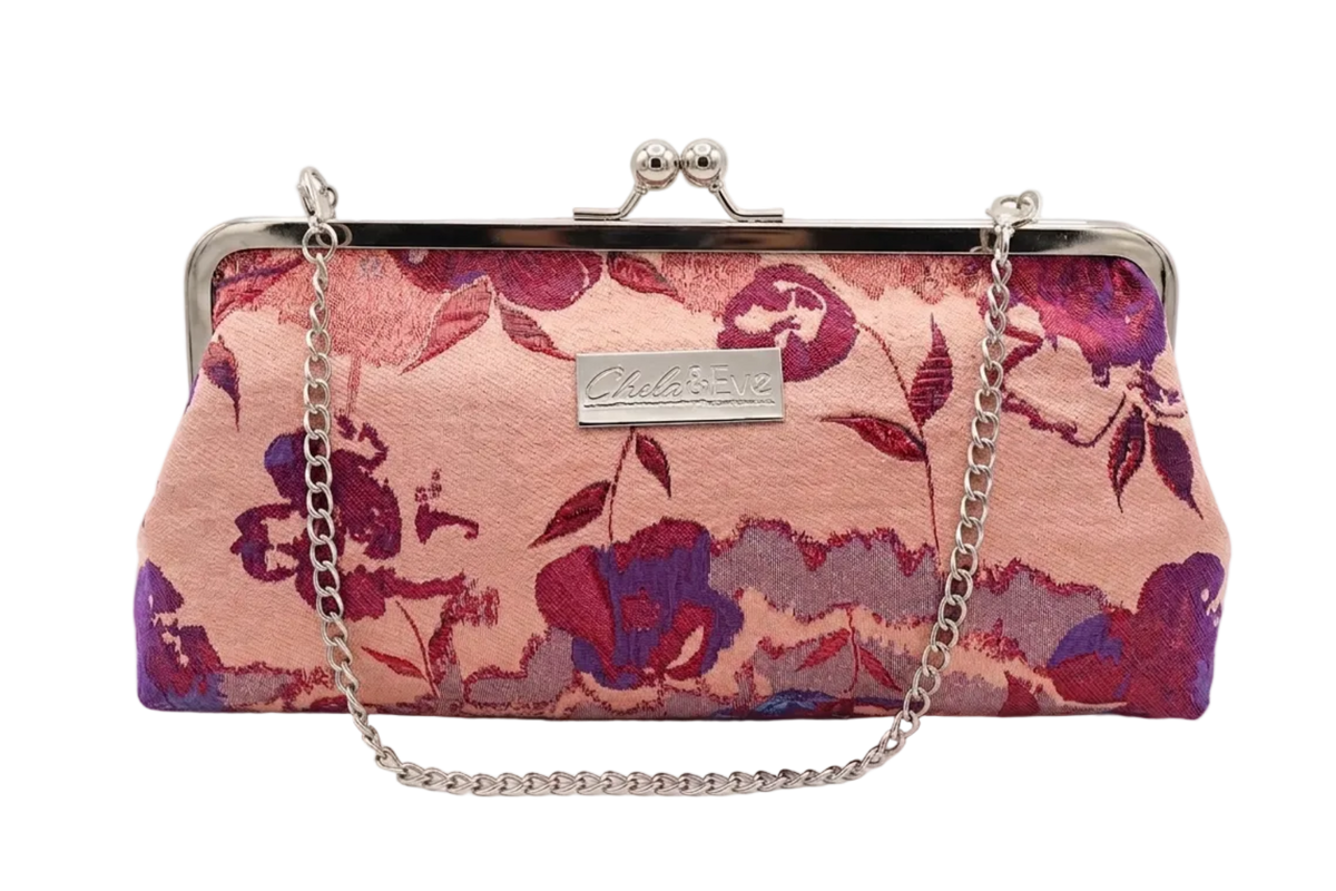 Nola & Eve Blossom Veil Classic handmade floral brocade clutch with silver kiss-lock frame and thin metallic strap, limited-edition statement bag