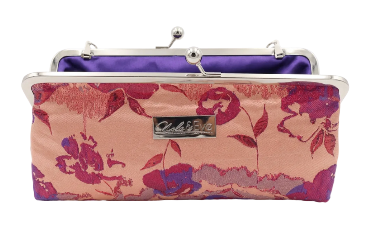 Nola & Eve Blossom Veil Classic Large floral brocade clutch showing its interior with silver kiss-lock frame, limited-edition statement bag