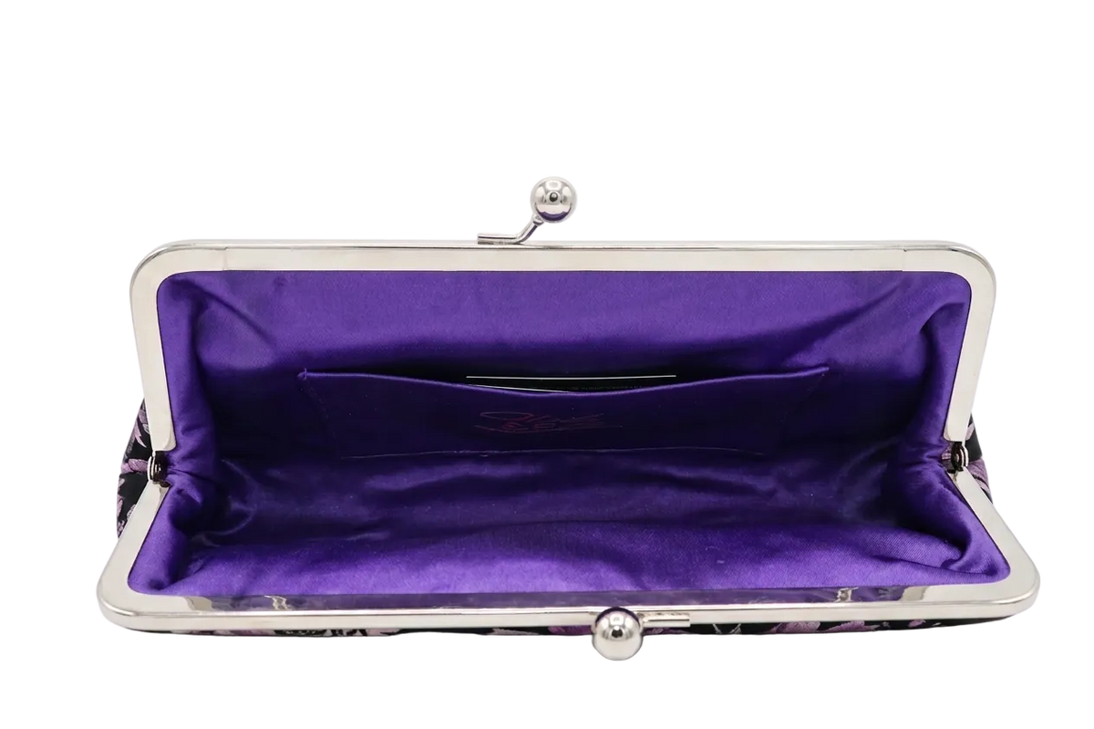 Nola & Eve Blossom Veil Classic Large floral brocade clutch showing its interior with silver kiss-lock frame, limited-edition statement bag