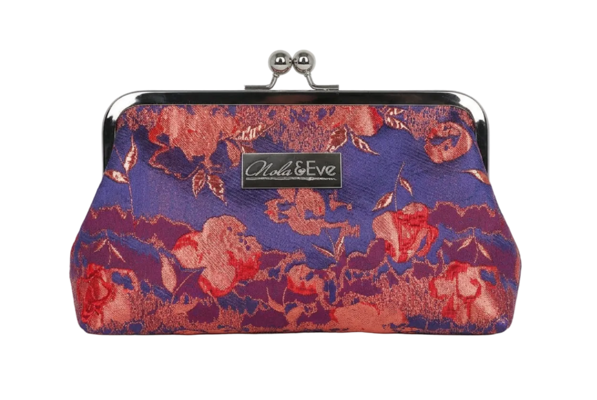 Nola & Eve Blossom Veil Classic Medium floral brocade clutch in navy blue with silver kiss-lock frame and thin metallic strap, limited-edition statement bag