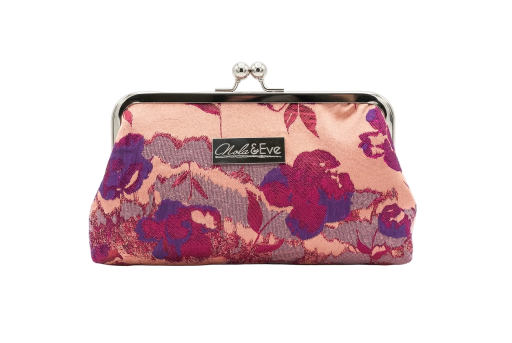 Nola & Eve Blossom Veil Classic handmade floral brocade clutch with gold kiss-lock frame, limited-edition statement bag