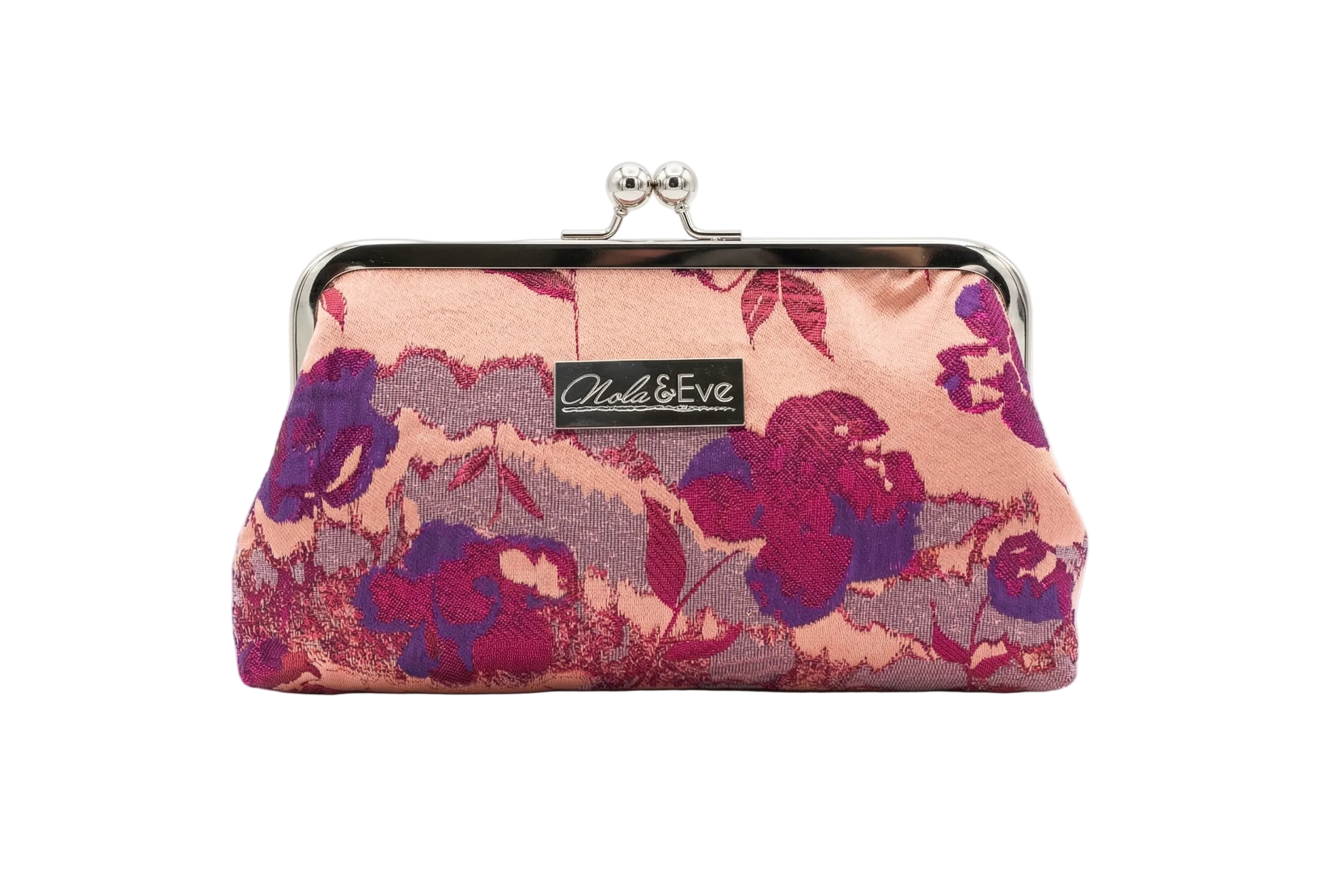 Nola & Eve Blossom Veil Classic handmade floral brocade clutch with gold kiss-lock frame, limited-edition statement bag
