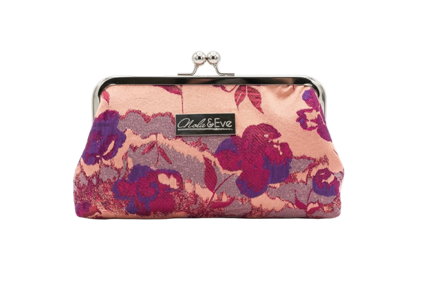 Nola & Eve Blossom Veil Classic handmade floral brocade clutch with gold kiss-lock frame, limited-edition statement bag