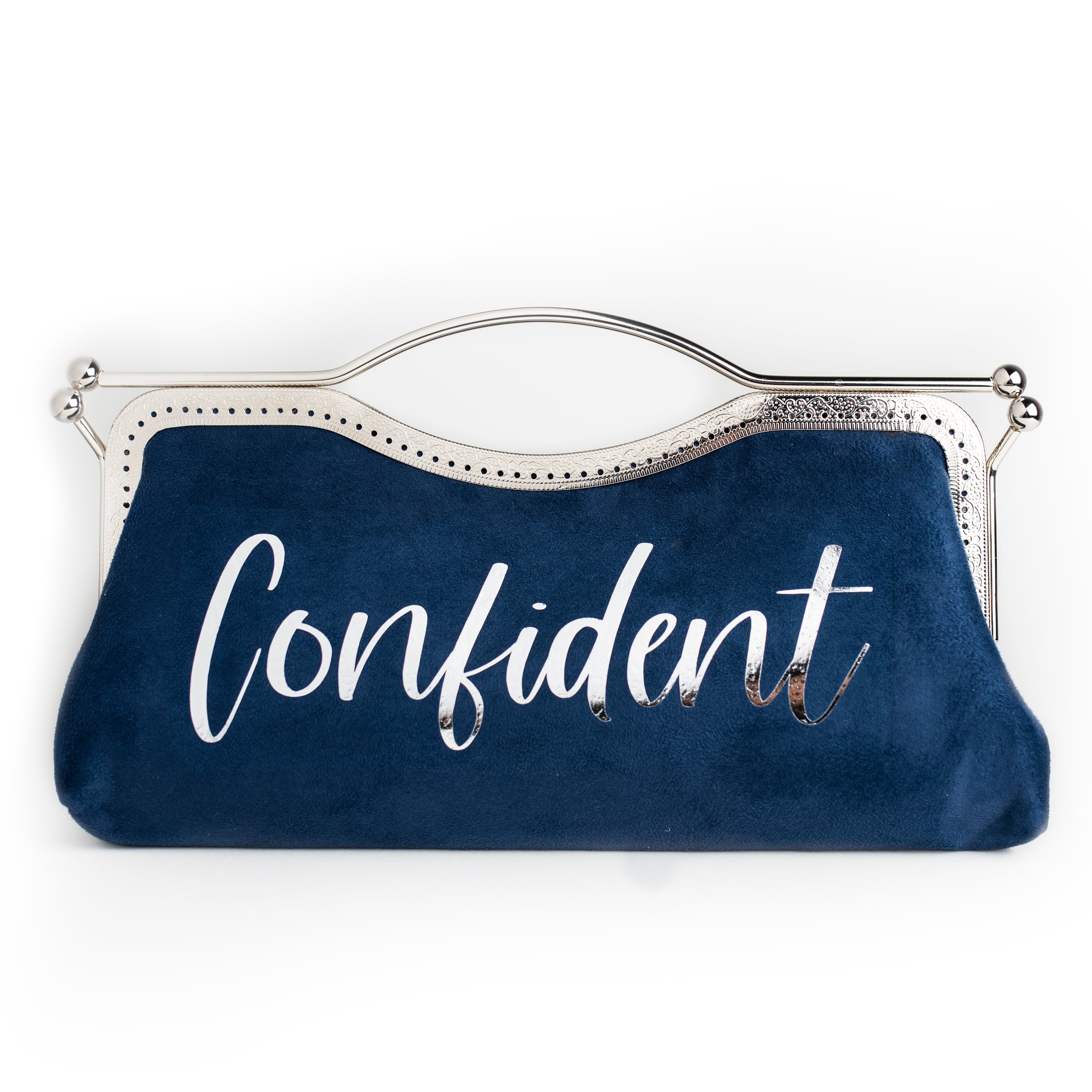 Mood Suede personalized faux suede clutch by Nola & Eve with metallic text and 47-inch crossbody chain