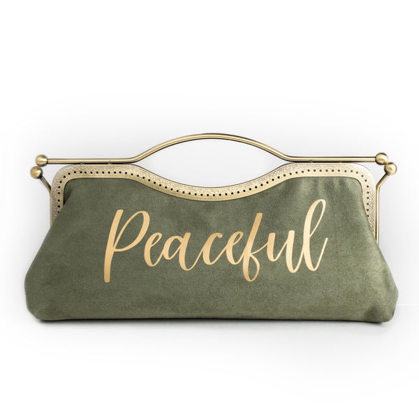 Nola & Eve Mood Suede semi-custom clutch in soft faux suede with optional metallic personalized text, handmade in Texas