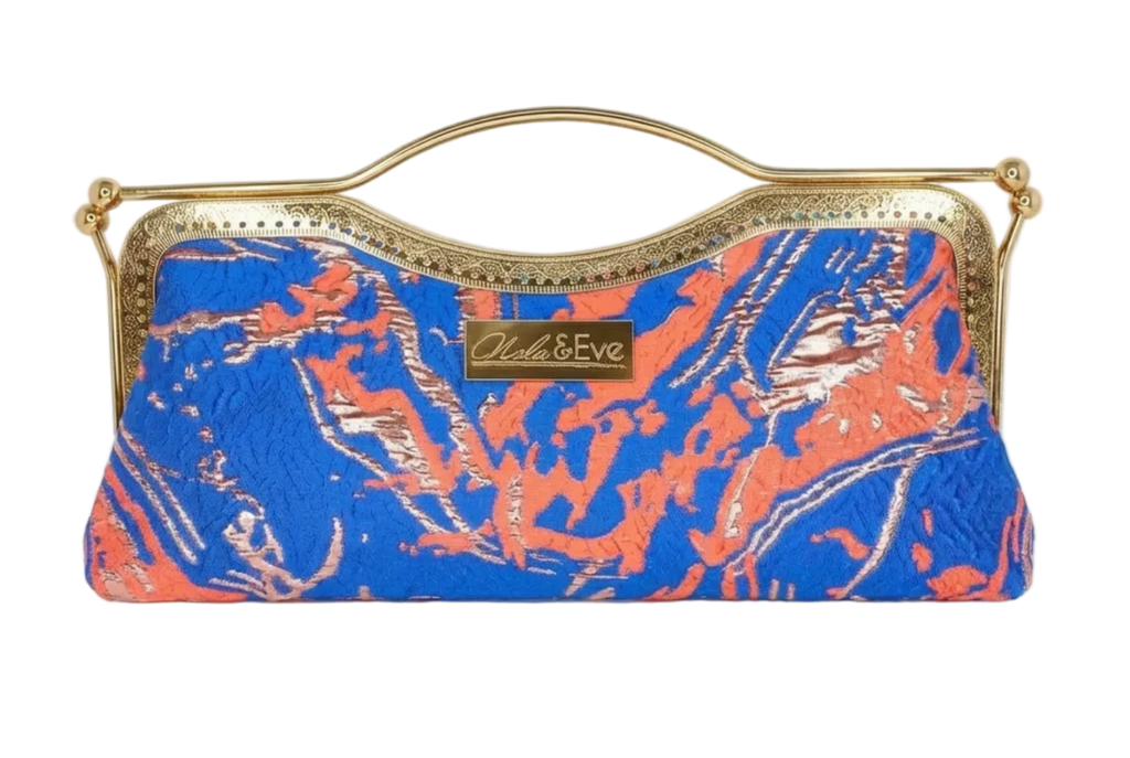 Nola & Eve Desert Mirage Classic handmade brocade clutch with gold kiss-lock frame, limited-edition statement bag