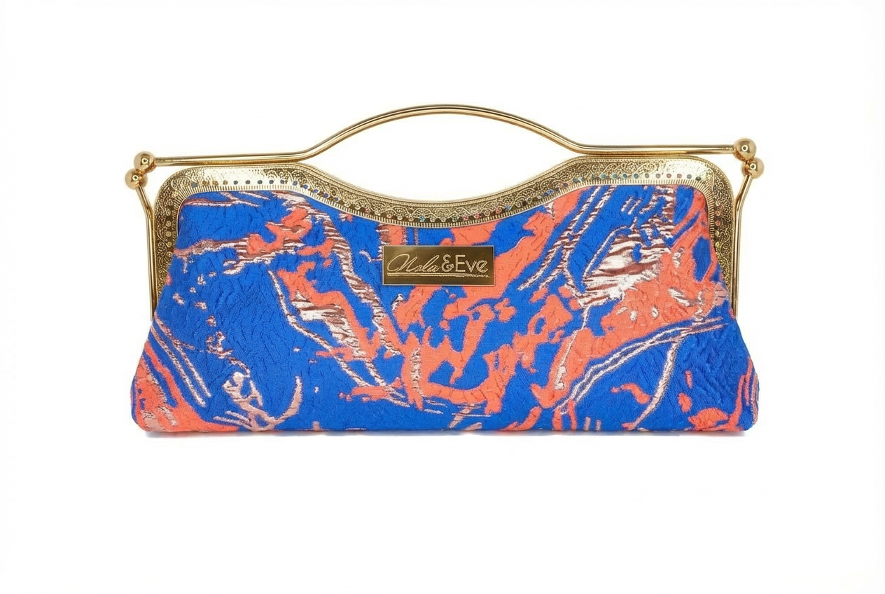Nola & Eve Desert Mirage Classic handmade brocade clutch with gold kiss-lock frame, limited-edition statement bag