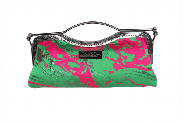 Desert Mirage Classic woven brocade clutch by Nola & Eve with structured frame and detachable chain strap
