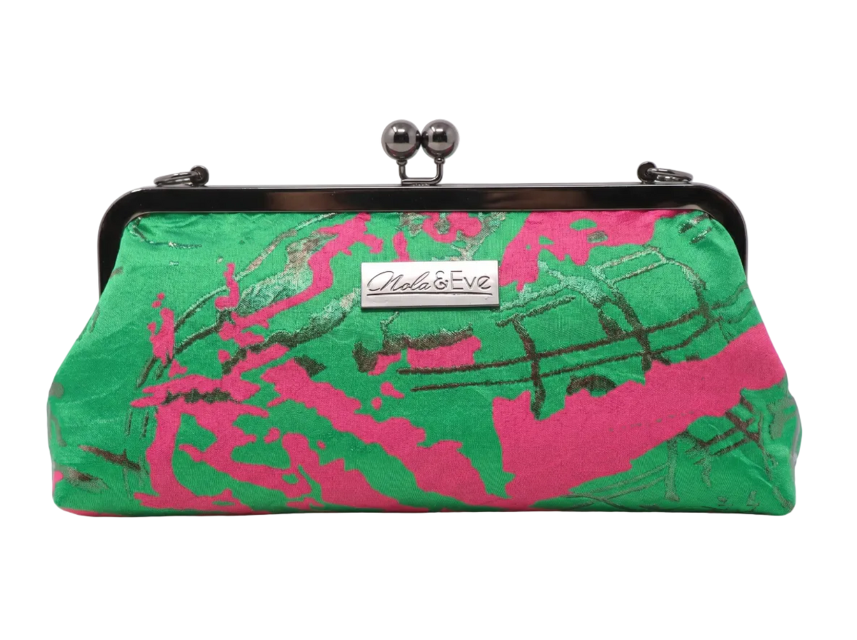 Nola & Eve Desert Mirage Classic Large clutch in green and pink brocade with gold kiss-lock frame 