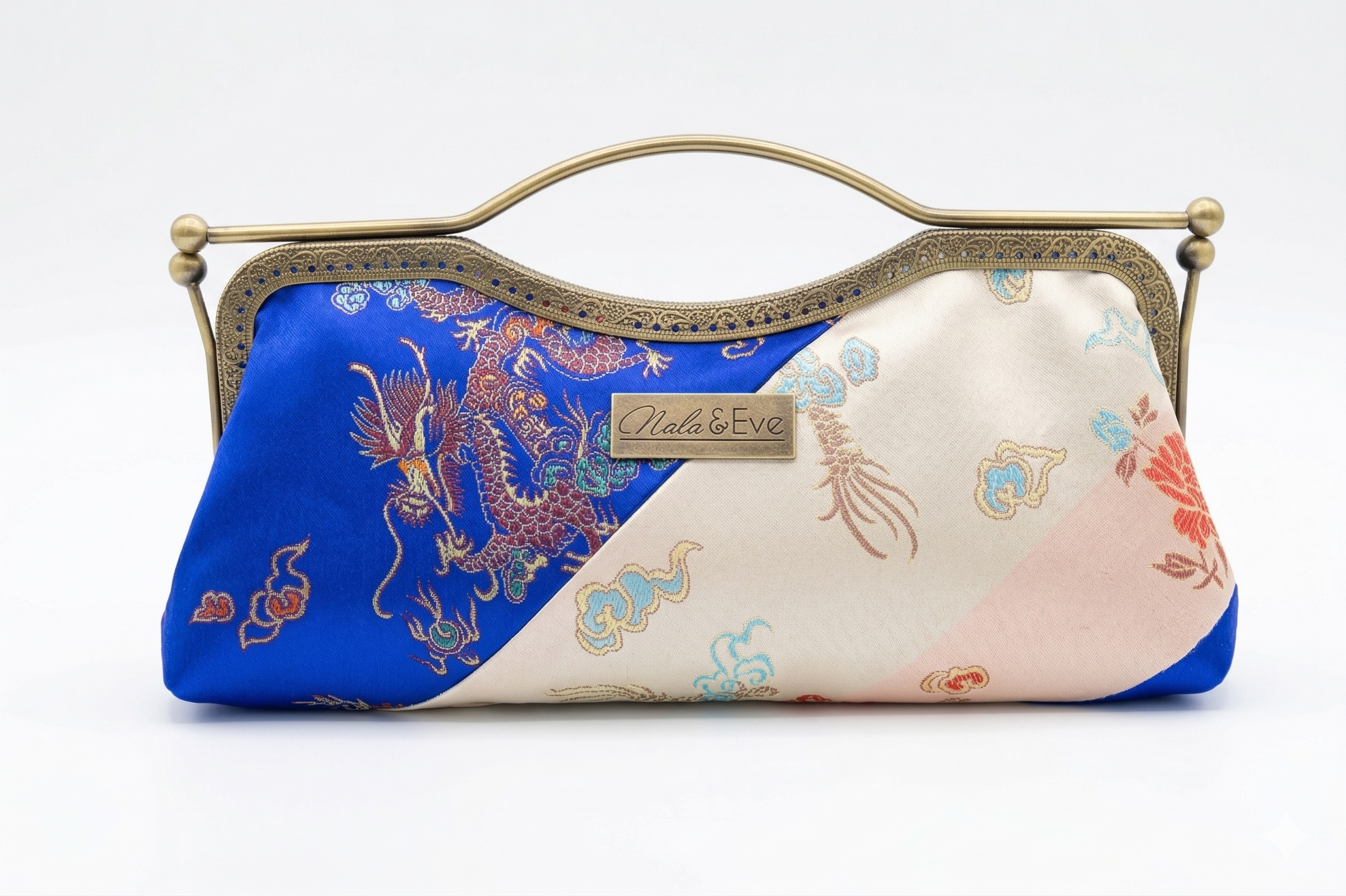 Phoenix Dynasty Signature two-tone brocade clutch by Nola & Eve with dual kiss-lock gold frame