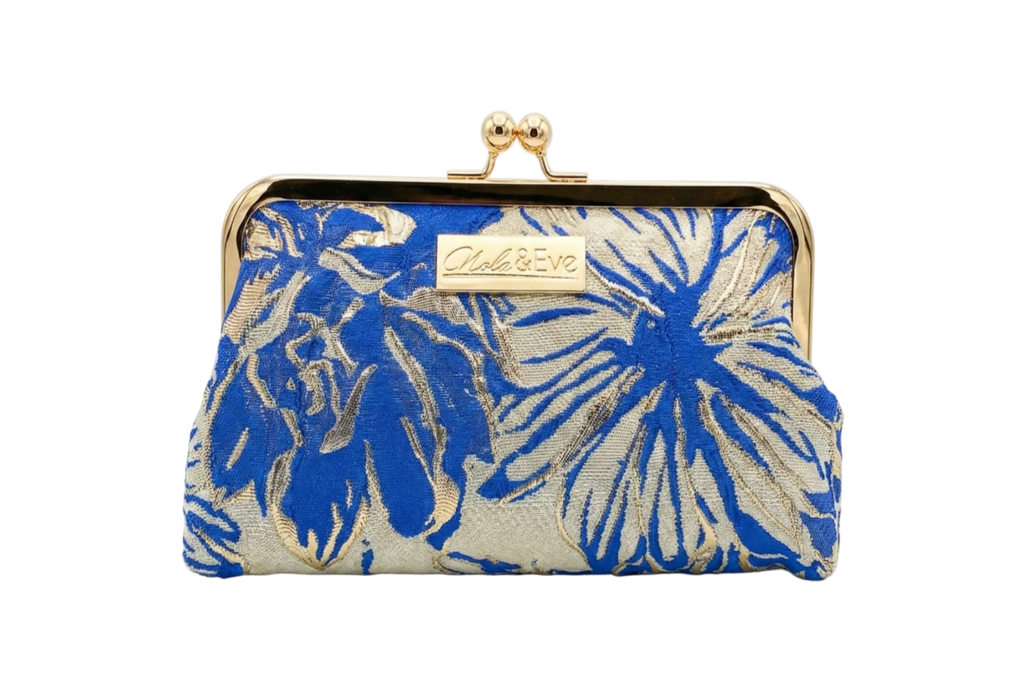 Regal Bloom Classic floral brocade clutch by Nola & Eve with structured frame and detachable chain strap
