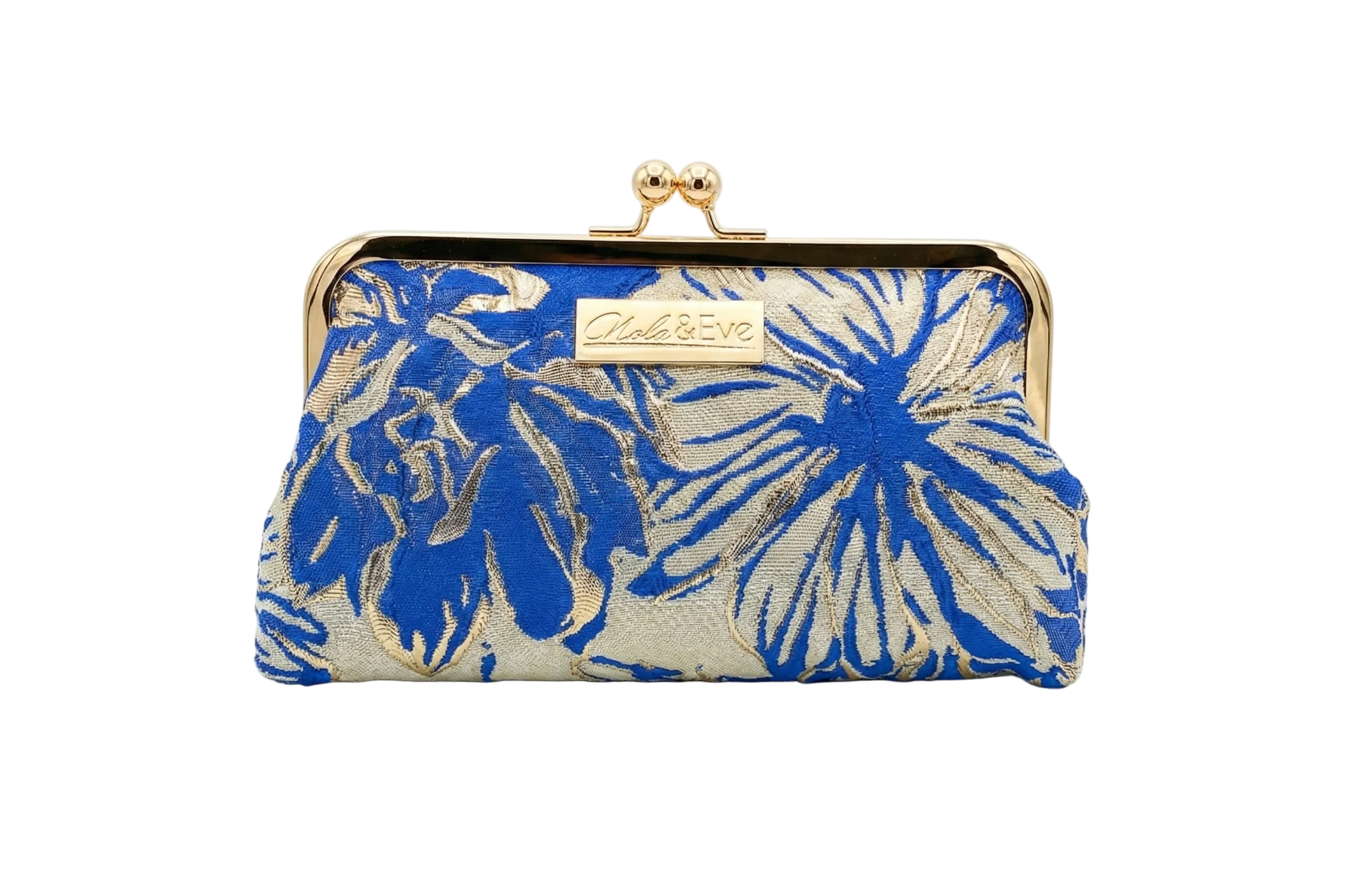 Regal Bloom Classic floral brocade clutch by Nola & Eve with structured frame and detachable chain strap