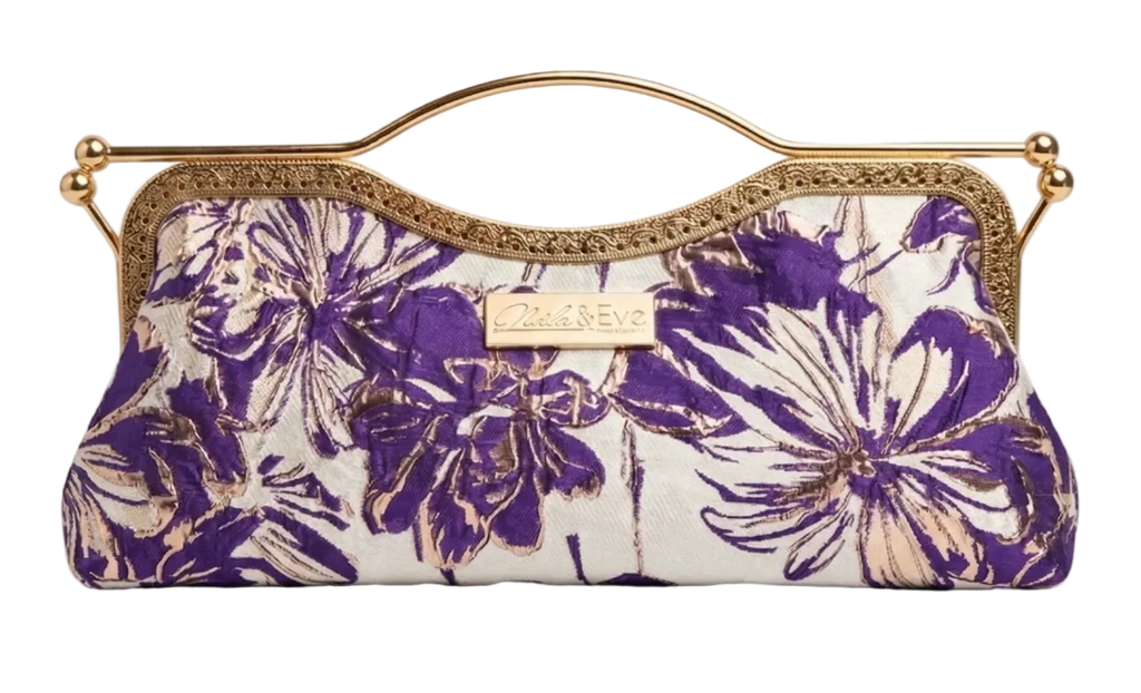 Nola & Eve Regal Bloom Classic statement clutch in richly woven brocade with top handle, satin lined