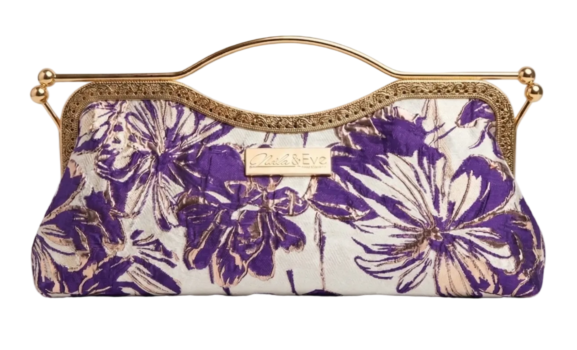 Nola & Eve Regal Bloom Classic statement clutch in richly woven brocade with top handle, satin lined