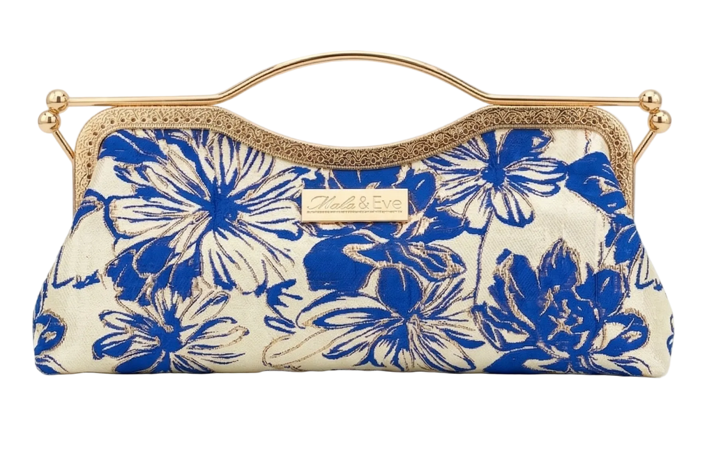 Nola & Eve Regal Bloom Classic handmade brocade clutch with floral artistry and gold kiss-lock frame, limited-edition statement bag