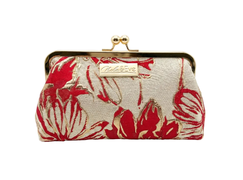 Nola & Eve Regal Bloom Classic statement clutch in richly woven brocade with top handle, satin lined