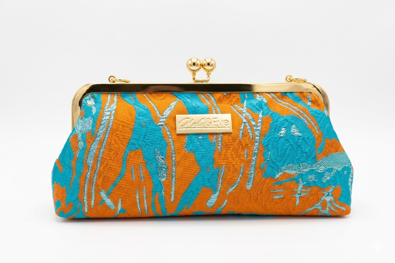 Nola & Eve Desert Mirage Classic handmade brocade clutch with gold kiss-lock frame, limited-edition statement bag