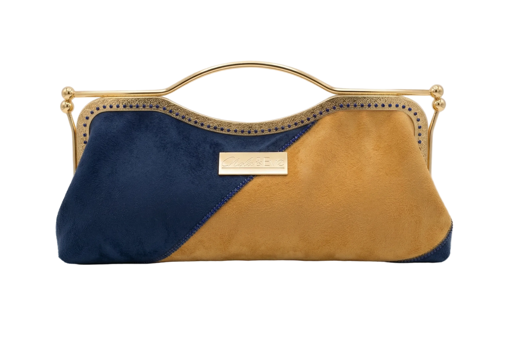 Nola & Eve Divine Legacy clutch in buttery faux suede with sparkling rhinestone trim, handmade limited-edition evening bag