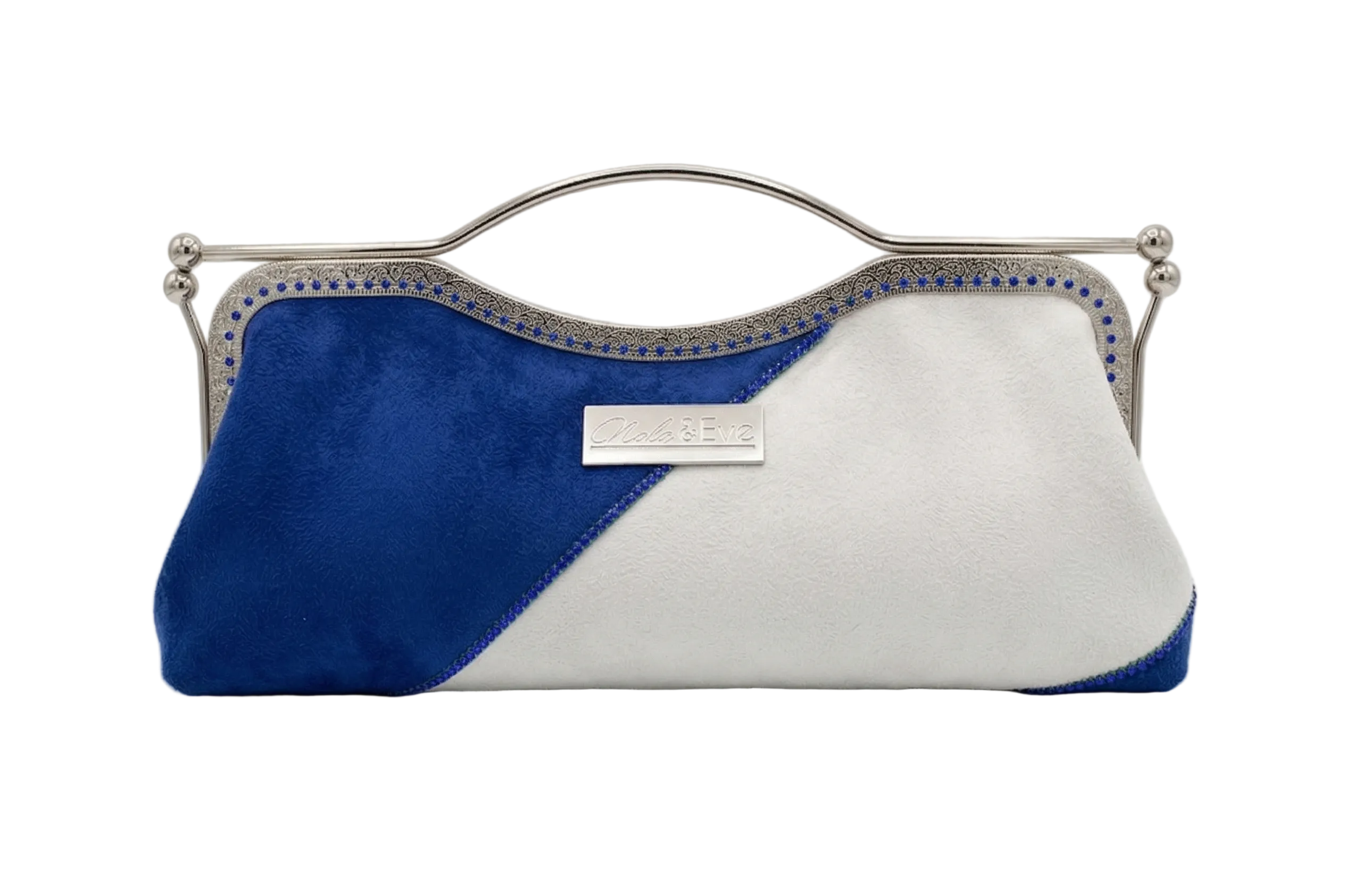 Divine Legacy faux suede clutch by Nola & Eve with rhinestone accents and 47-inch crossbody chain