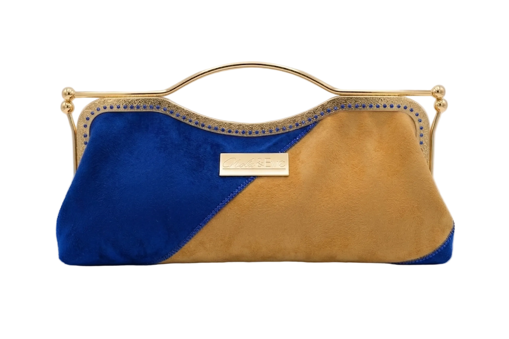 Divine Legacy faux suede clutch by Nola & Eve with rhinestone accents and 47-inch crossbody chain
