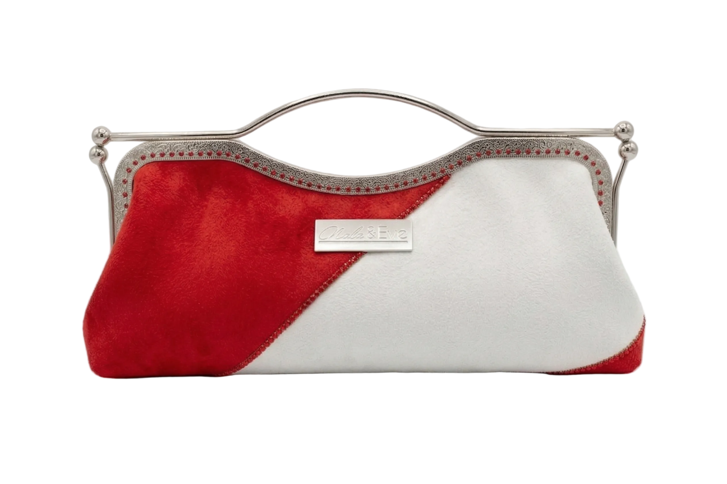 Nola & Eve Divine Legacy clutch in buttery faux suede with sparkling rhinestone trim, handmade limited-edition evening bag