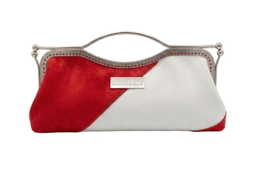 Nola & Eve Divine Legacy clutch in buttery faux suede with sparkling rhinestone trim, handmade limited-edition evening bag
