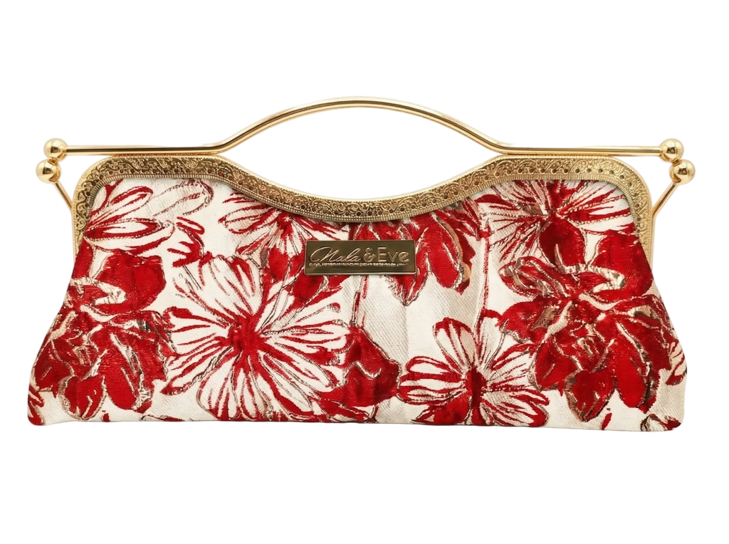 Regal Bloom Classic floral brocade clutch by Nola & Eve with structured frame and detachable chain strap