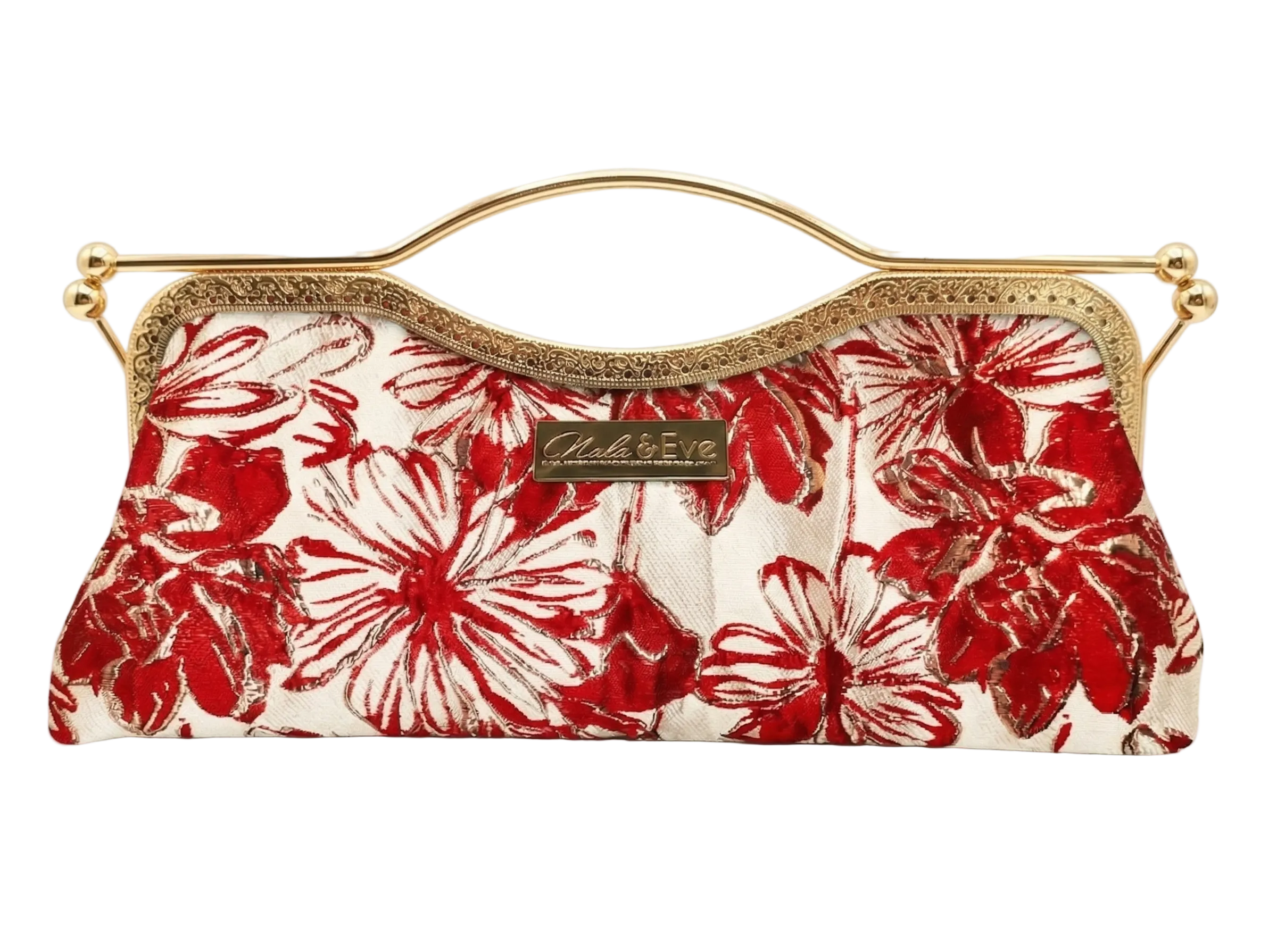 Regal Bloom Classic floral brocade clutch by Nola & Eve with structured frame and detachable chain strap
