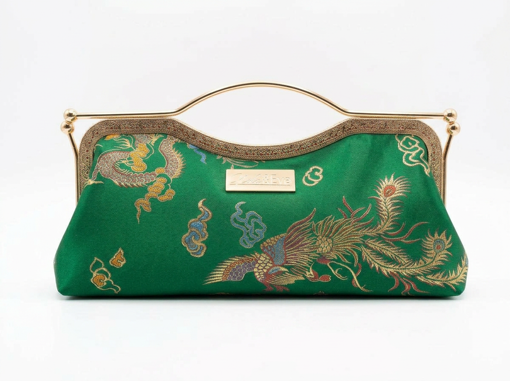 Nola & Eve Phoenix Dynasty Contemporary Classic statement clutch in woven brocade with 47-inch crossbody chain