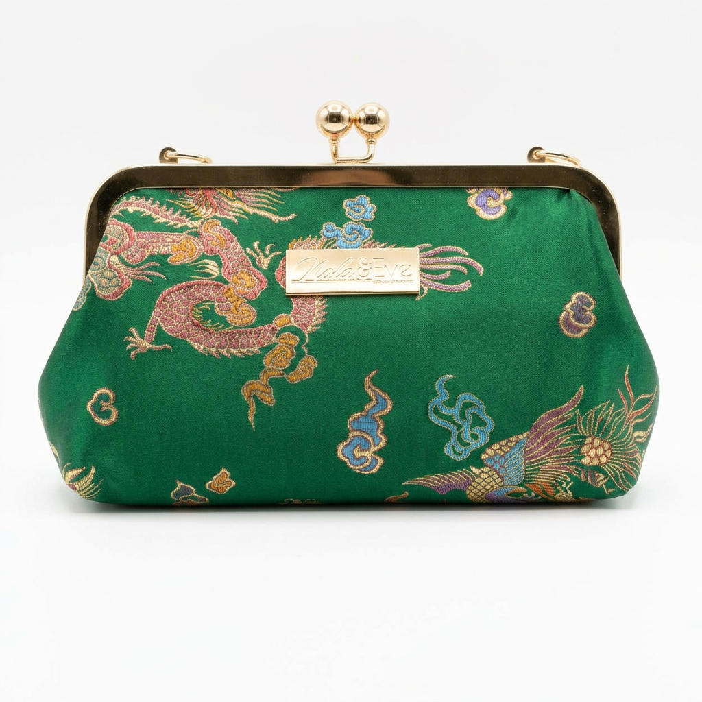 Nola & Eve Phoenix Dynasty Classic limited-edition brocade clutch with phoenix-and-dragon detailing and satin lining