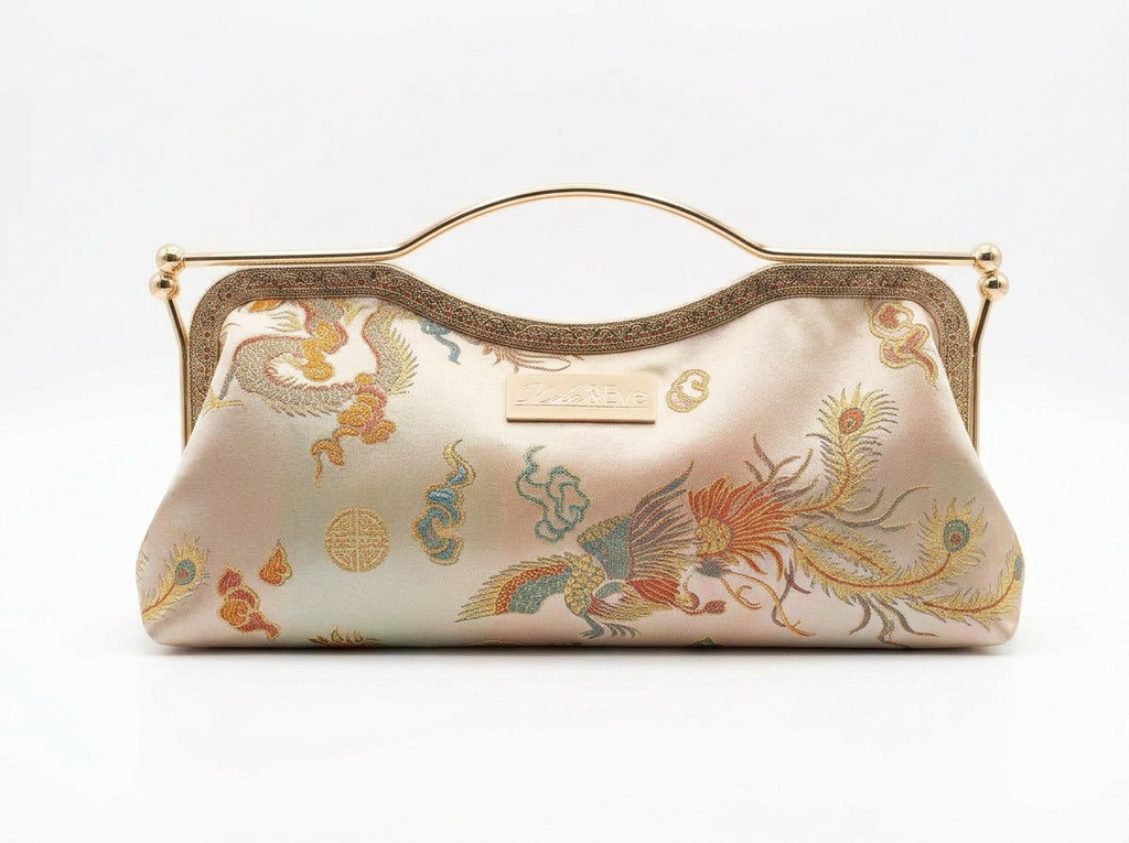Nola & Eve Phoenix Dynasty Contemporary Classic statement clutch in woven brocade with 47-inch crossbody chain
