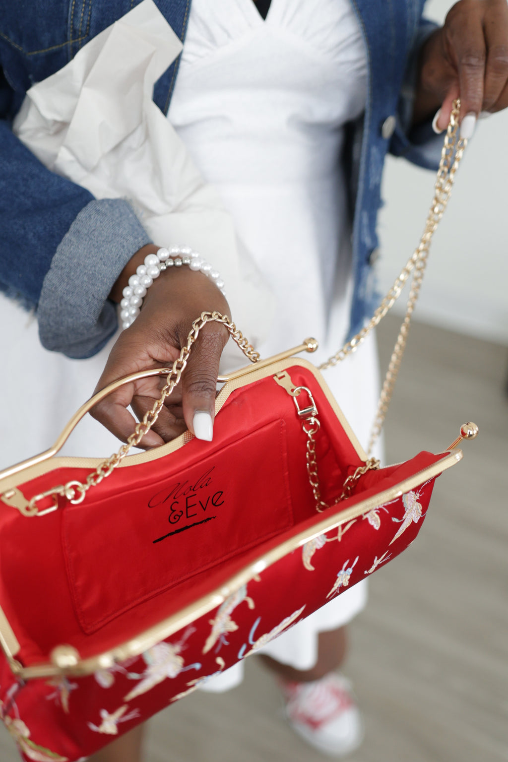 Nola & Eve Crimson Serenity handmade red brocade evening clutch with ball-snap frame closure