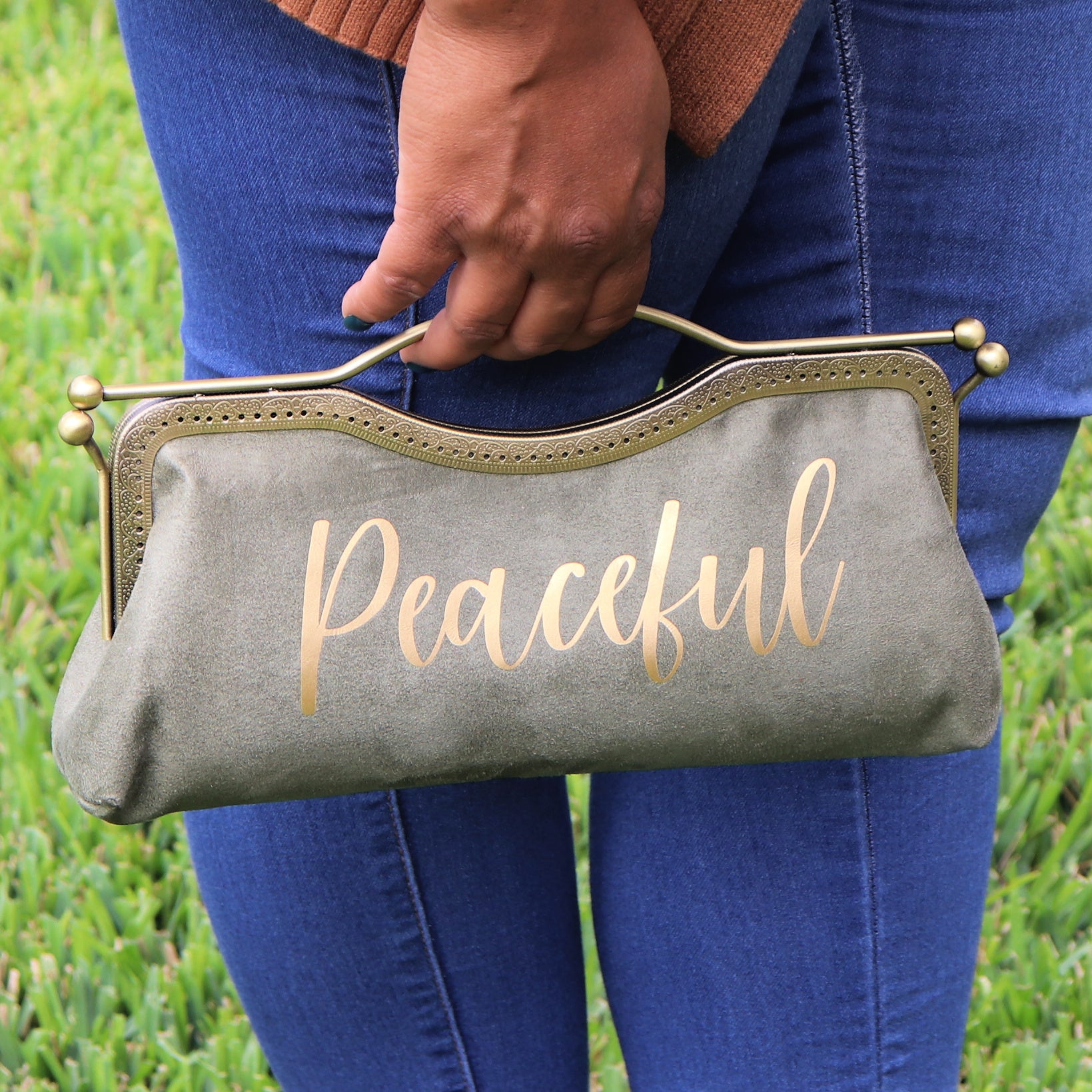 Mood Suede personalized faux suede clutch by Nola & Eve with metallic text and 47-inch crossbody chain