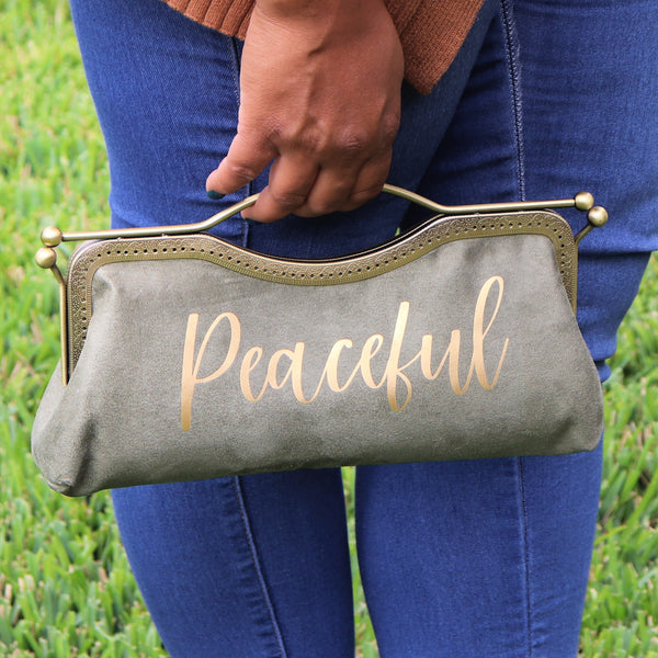 Mood Suede personalized faux suede clutch by Nola & Eve with metallic text and 47-inch crossbody chain